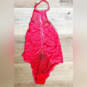 Victoria’s Secret Red‎ Lace Teddy Lingerie One Piece Deep V Halter Neck Size Med